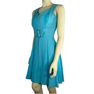 1950s Teal Fit Flare Gem Belt Dress ILGWU USA Rhinestone Belt S-M